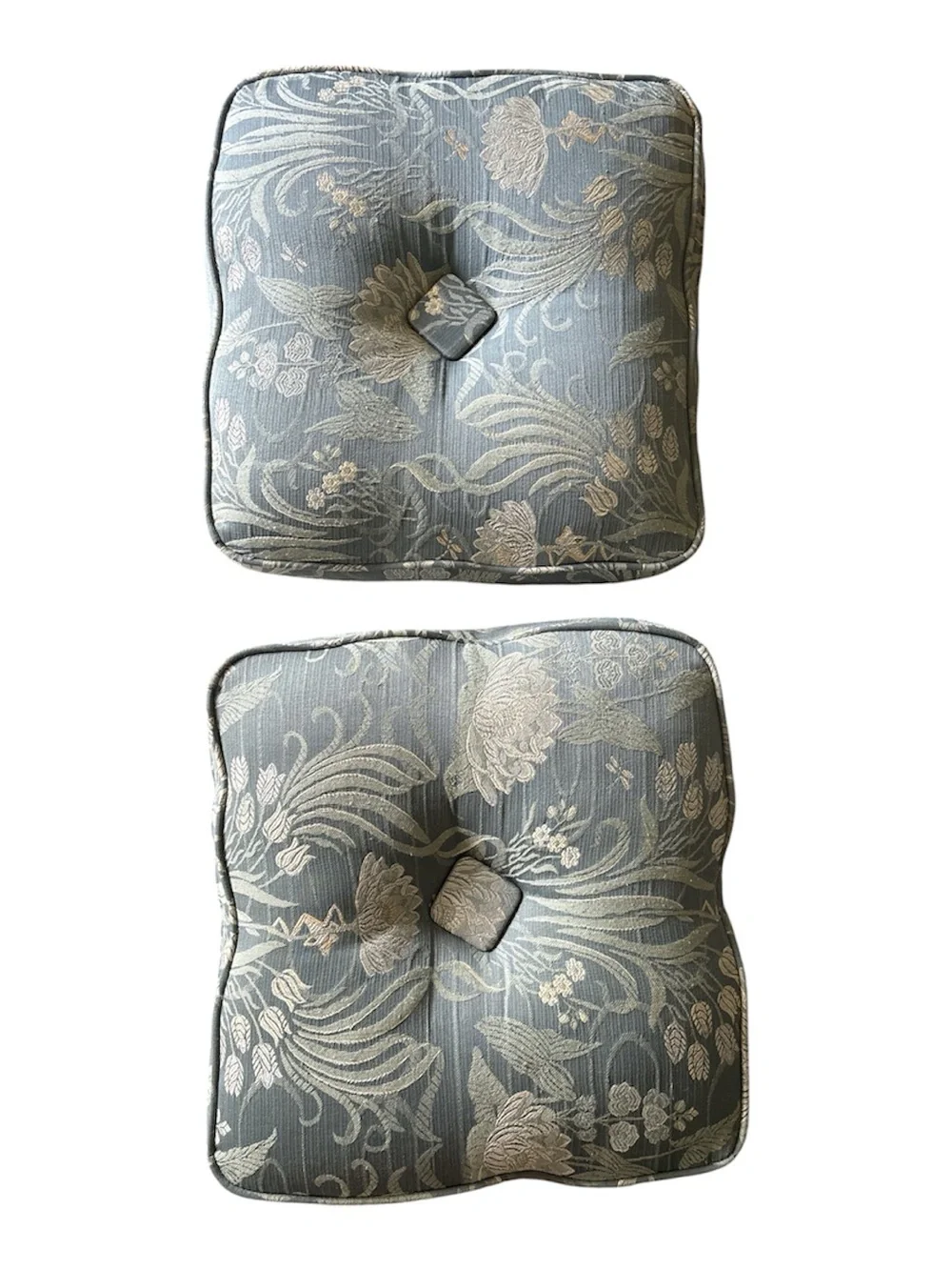 Set of 2 Elegant Floral Tufted Seat Cushions in Slate Blue and Beige